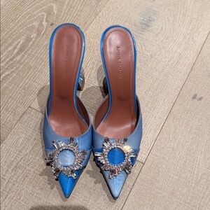 Amina Muaddi Blue Satin Heels with Crystal Embellishments